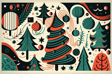 Christmas background in doodle style - fir trees, stars and balls
