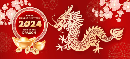 Dragon is a symbol of the 2024 Chinese New Year. Horizontal banner with Dragon, realistic gold ingots Yuan Bao, coins, sakura flowers on red background. The wish of wealth, monetary luck - 656320314