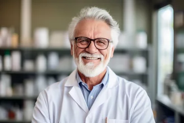 Gordijnen Portrait of senior male pharmacist standing in pharmacy and smiling. © igolaizola