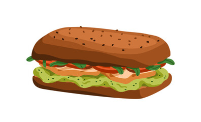 Sandwich with chicken and vegetables. Rye ciabatta bread with tasty stuffing, mashed avocado, meat, greens. Healthy fast food, snack, eating. Flat vector illustration isolated on white background