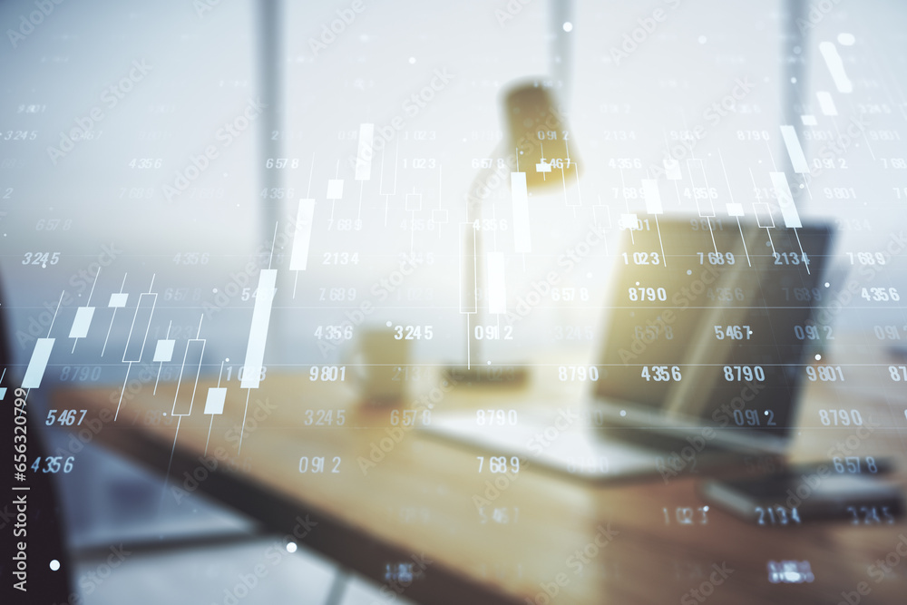 Poster double exposure of abstract creative statistics data hologram on laptop background, statistics and a