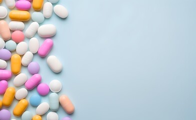 Obraz premium Pills and capsules on pastel background free copy space