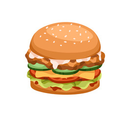 Burger with chicken cutlet, vegetables and cheese filling. American fast food. Sandwich with meat, bacon, cheddar, lettuce. Snack between buns. Flat vector illustration isolated on white background