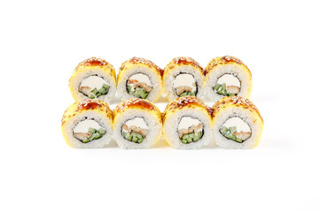roll with eel, cream cheese, cucumber, cheddar cheese, unagi sauce, sesame on a white background, studio shooting