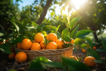 Photorealism of close up of fresh Oranges in basket in field green plants with Orange trees background - Powered by Adobe