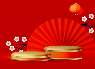 3D Round Podium with Lantern. Chinese and Lunar New Year design template. Asian holiday.