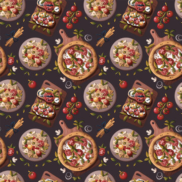Seamless pattern with Italian pizza, pasta, bruschetta. Italian food, healthy eating, cooking, recipes, restaurant menu concept. Vector illustration.