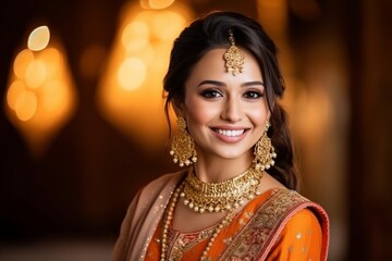 beautiful indian woman in saree and jewellery smiling at camera - Powered by Adobe