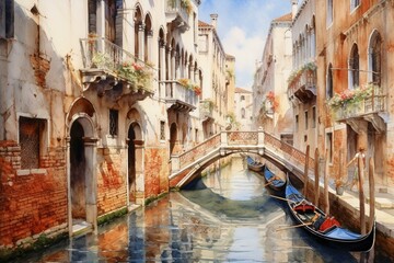 Fototapeta na wymiar Watercolor painting of a canal in Venice. Generative AI