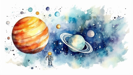 planets in space on a white background, watercolor drawing for children primitive minimalistic poster illustration - obrazy, fototapety, plakaty