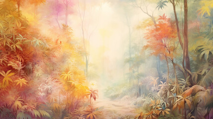 Obraz na płótnie Canvas watercolor image indian summer in the jungle rainforest in the tones of golden autumn and leaf fall