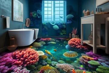 Vibrant underwater scene with corals and a turtle, perfect for a 3D floor decor. Generative AI