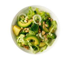 Avocado Salad Isolated, Green Salat with Avocado Cucumber, Broccoli, Potatoes, Pomegranate