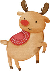 Reindeer with winter costume and scarf . Christmas concept . Watercolor paint cartoon characters . PNG .