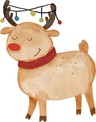 Reindeer with winter costume and christmas light garlands . Christmas concept . Watercolor paint cartoon characters . PNG .
