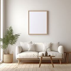 In the living room, there's a mockup of a wall painting along with a sofa, table, and bonsai