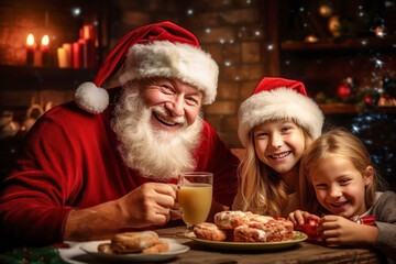 Cheerful joyful grandfather wearing a red santa hat with his little cute grandchildren on a cozy...