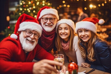 Selfie photo portrait of cheerful joyful happy family wearing a red santa hats on a cozy Christmas...