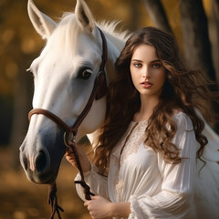 Fototapeta premium A woman of model appearance in a white dress stands near a horse in a field