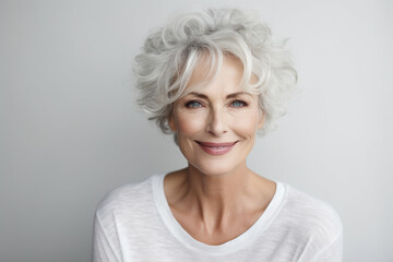 Fototapeta premium Beautiful blond elderly woman portrait on a bright gray background. Generative Ai 
