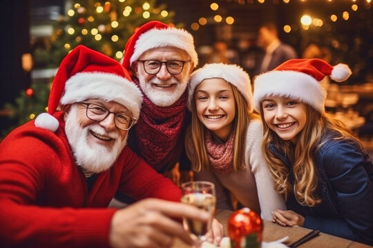 Selfie photo portrait of cheerful joyful happy family wearing a red santa hats on a cozy Christmas evening