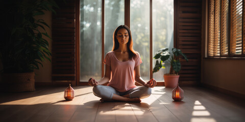 Young woman meditating in lotus position on the floor at home - obrazy, fototapety, plakaty