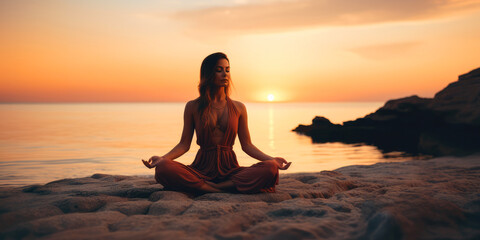 Silhouette of a woman practicing yoga or meditating on the beach at sunrise. Yoga concept - obrazy, fototapety, plakaty