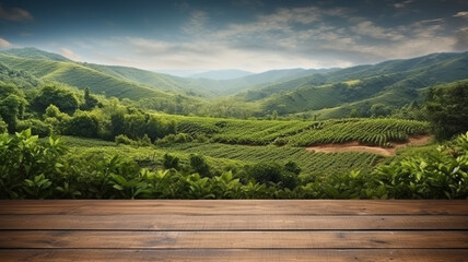 Empty wooden table top board with tea coffee mug and tea plantation rays on the background. Organic green agriculture hills copy space banner - obrazy, fototapety, plakaty