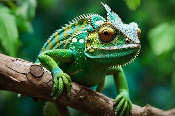 Obraz premium Green chameleon closeup on a branch Animal portrait