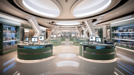 A high-tech modern interior, Products showroom interior with products on shelves.