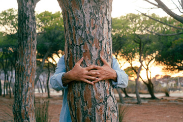 Nature lover environment and planet care climate change concept gesture. One man hugging a trunk tree at the park in outdoor leisure activity alone. People and nature. Protection activism lifestyle