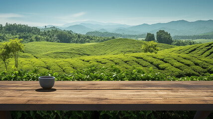 Empty wooden table top board with tea coffee mug and tea plantation rays on the background. Organic green agriculture hills copy space banner