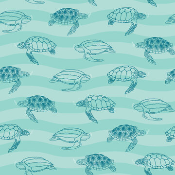 Vector blue waves turtles seamless pattern background. Perfect for fabric, scrapbooking, and wallpaper projects.
