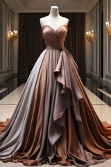 Naklejka premium A shiny deep beige mauve grey silk ball gown with full ball gown skirt and fitted silk bodice with elegant shoulder.