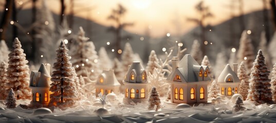 Obraz premium Christmas winter landscape with snow drifts, mountain village, deer, forest, pines, reindeer. Holiday nature background with fox, hills, houses.