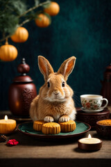 Cute rabbit sitting with round mooncake table with tea cups on wooden background and full moon, Mid-Autumn Festival concept.