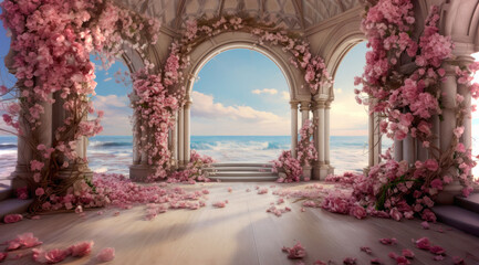 View of the sea from the castle archway decorated with pink flowers - obrazy, fototapety, plakaty