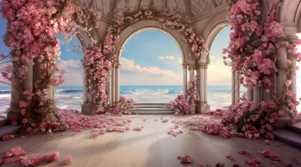 Fotobehang View of the sea from the castle archway decorated with pink flowers © Denniro