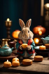 Fototapeta na wymiar Cute rabbit sitting with round mooncake table with tea cups on wooden background and full moon, Mid-Autumn Festival concept.