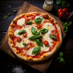 Margherita pizza, photography, cheesy, thin crust, aromatic, on a rustic wooden board with basil leaves, inviting, warm pizzeria glow, deep reds and mozzarella whites Generative AI