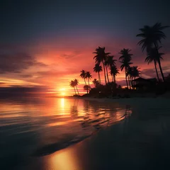 Tuinposter Sonnenuntergang Strand Palmen Wasser Meer Sunset beach palm trees water sea © NoahPhilipp