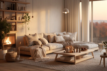 Bright and airy living room interior background. Minimalist Scandinavian room with natural light background. Generative AI