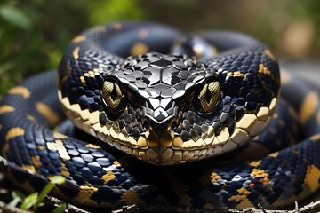 Obraz premium Provide a detailed description of the snake's head and eyes captured in high definition desert