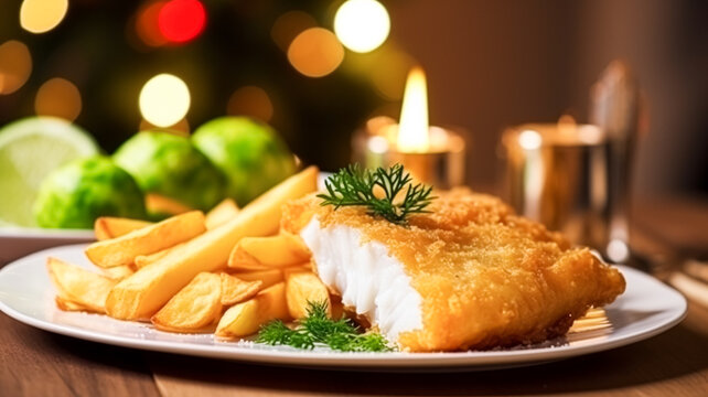 Fish and chips for winter holiday dinner, traditional British cuisine recipe in English country home, holidays celebration and homemade food