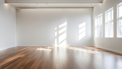 Fototapeta premium A large, empty room with a wooden floor, white walls, and large windows that let in bright natural light.