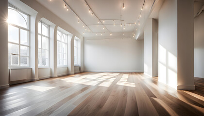 Obraz premium A large, empty room with a wooden floor, white walls, and large windows that let in bright natural light.