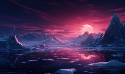 moon set in purple ice and mountain landscape in polar region