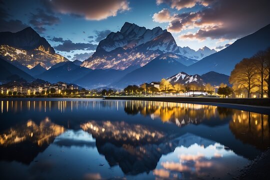 Reflection of the lights and the mountain in a lake captured in parco ciani, lugano, switzerland national