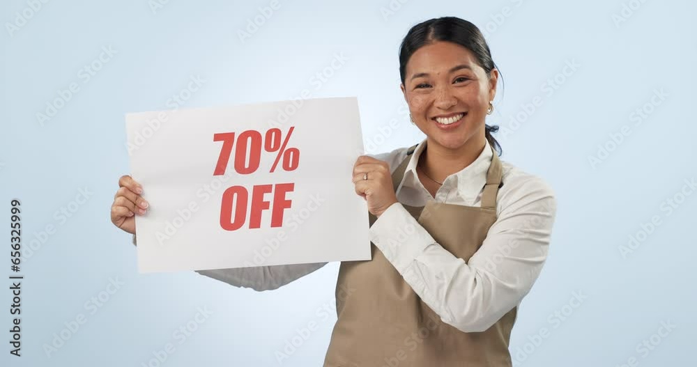 Canvas Prints Woman, sale and discount on shopping for marketing, fashion and customer communication in studio. Asian salesperson, happiness and smile in portrait, promotion, retail and end of season advertising