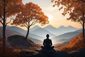 Serene silhouette meditating on tranquil autumn mountain landscape